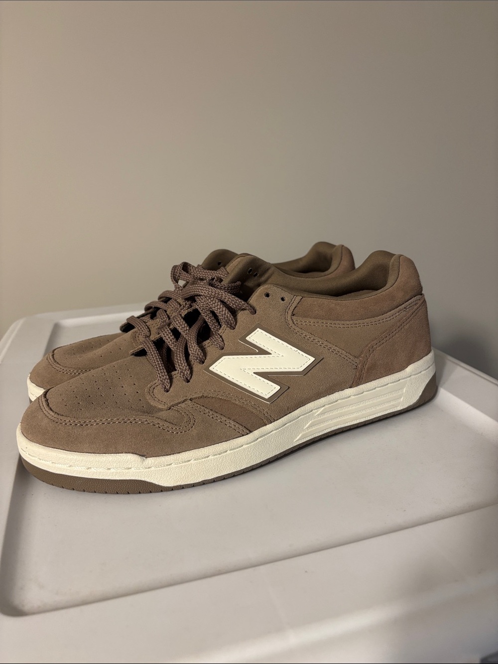 New Balance Men's Taupe Suede Sneakers with Cream Logo